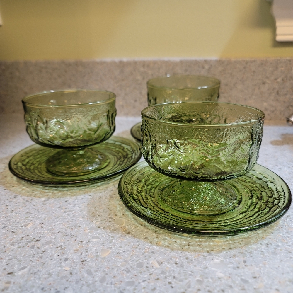 Vtg Anchor Hocking Lido Milano Dessert Bowls And Soreno Avocado Green Saucers